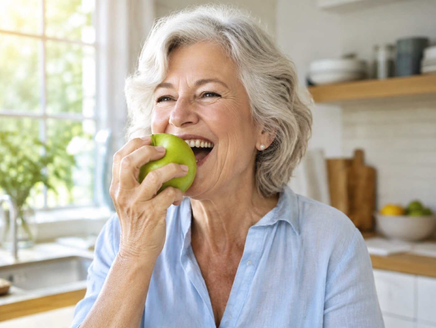Happy woman eating an apple