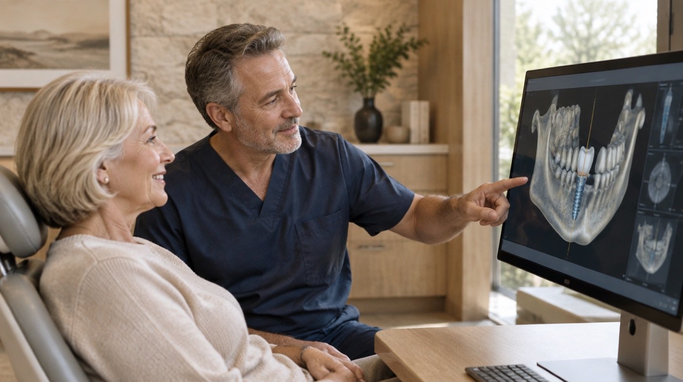 Dentist explaining an implant plan on a tablet to an older patient