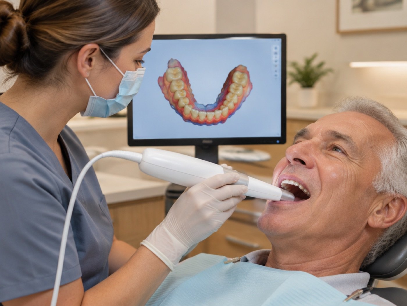 Dentist taking an intraoral scan of an older patient