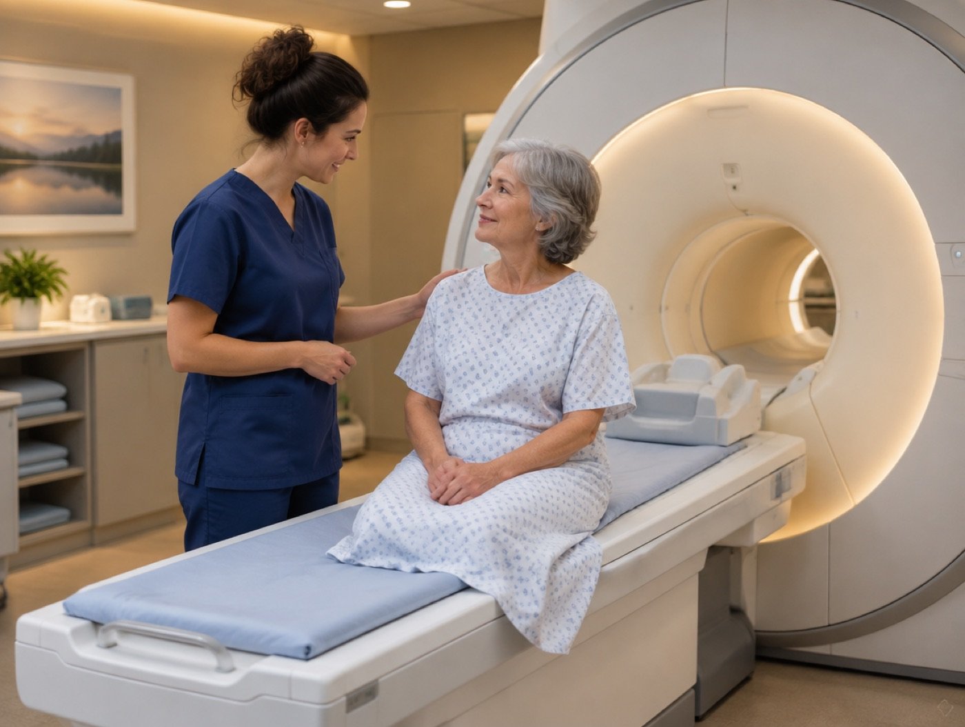 MRI room with radiographer and patient