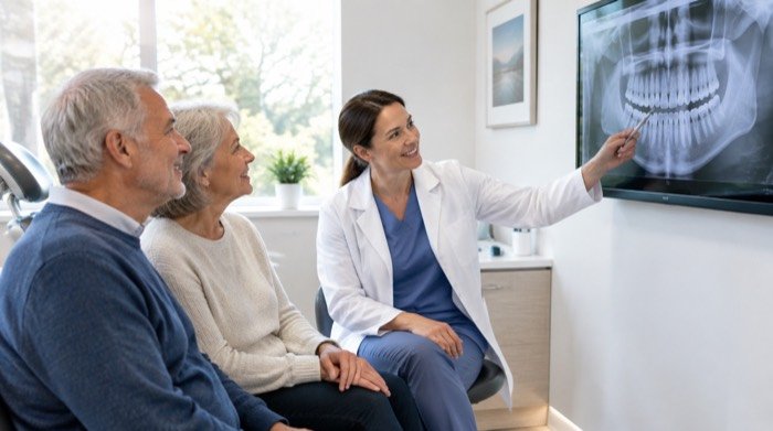 Dentist explaining a panoramic x-ray to a couple